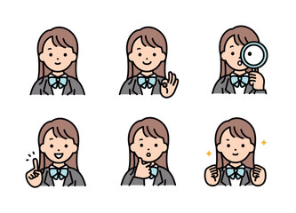 女子学生の表情イラストセット 上半身