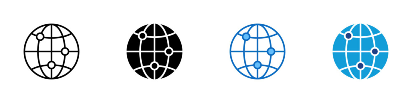 Global Network Multiple Style Icon Vector Design - globe with connected dots symbolizing worldwide communication and connectivity