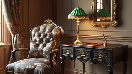 Classic armchair and desk evoke a sense of luxury and sophistication in a cozy home office