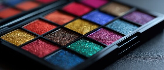 Close up of a vibrant and glittery eyeshadow palette with a variety of colors for makeup looks