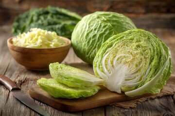 Obraz premium Organic freshly white cabbage on rustic table surface. Green fresh cabbage. Partially sliced raw shredded cabbage and a half on a wooden cutting board with a knife. Preparation of vegetables salad