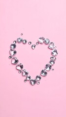 Heart-shaped frame of small, sparkling crystals on a pink background