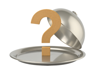 A silver platter features a large, golden question mark, symbolizing mystery or surprise, beneath a shiny cloche.