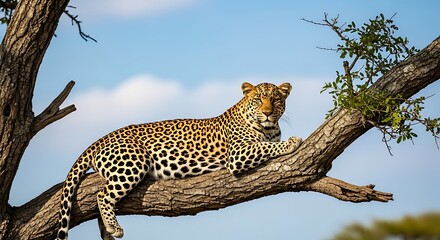 Obraz premium A leopard rests on a tree branch in the African savanna.