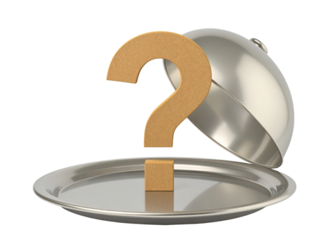 A silver platter features a large, golden question mark, symbolizing mystery or surprise, beneath a shiny cloche.
