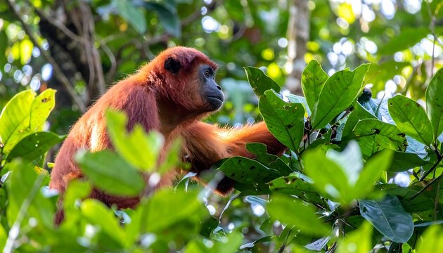 Red monkey in lush rainforest canopy