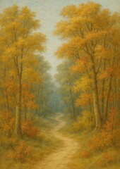 Fototapeta premium Serene autumn forest path illustration.