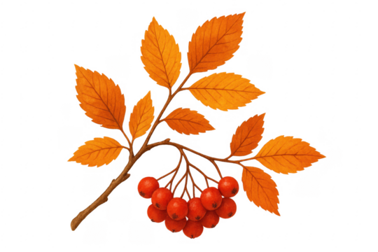 Autumn branch with orange leaves and red berries on transparent background