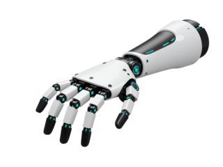 Advanced robotic prosthetic arm with articulated fingers and metallic joints isolated on transparent background