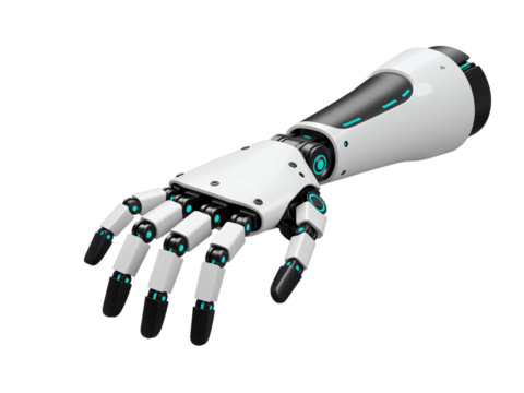 Advanced robotic prosthetic arm with articulated fingers and metallic joints isolated on transparent background