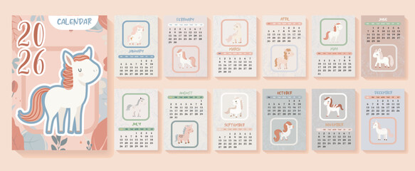 Horses, white horse calendar or A4 planner for 2026 with cartoon chinese simbol, New Year symbol, cute hieroglyphs - cover and 12 monthly pages. Week starts on Sunday, vector printable template.