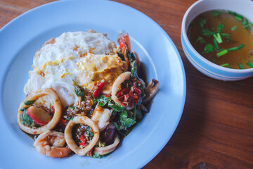 Fragrant squid with basil for lunch
