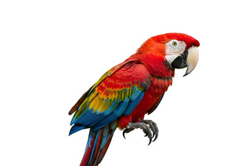 Obraz premium A vibrant scarlet macaw, with multicolored feathers, is presented against a stark black background.