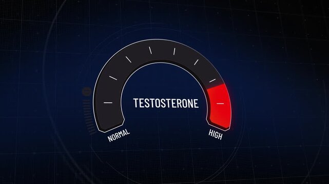 Animated digital testosterone meter, hormone level fluctuations, moving indicator across gauge, from high to normal, displaying levels and indicating healthy range, motion graphics display