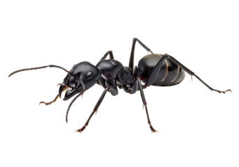 Close-up of a large, dark ant, showcasing intricate details of its body and appendages against a pure black background.