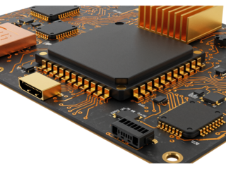 Close up of a complex computer motherboard circuit board with a large black processor chip and golden pins isolated on transparent background