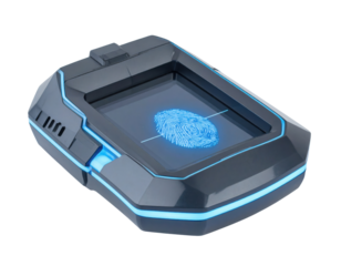 A sleek fingerprint scanner with a blue-lit display, designed for secure biometric authentication.