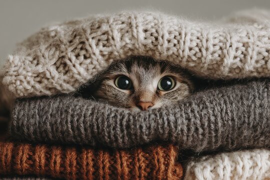 Tabby cat hiding under warm blanket at home. Cute pet. Hide and seek. Furry cat nestling between soft knitted sweaters, relaxing in comfortable hiding spot. Feline muzzle peeks out from under blanket