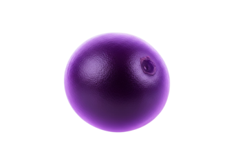 A detailed, glossy, purple sphere with a small indentation is displayed against a dark background.