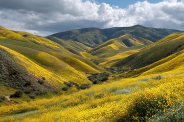Fototapeta premium Rolling hills covered in vibrant yellow wildflowers under a cloudy sky in springtime