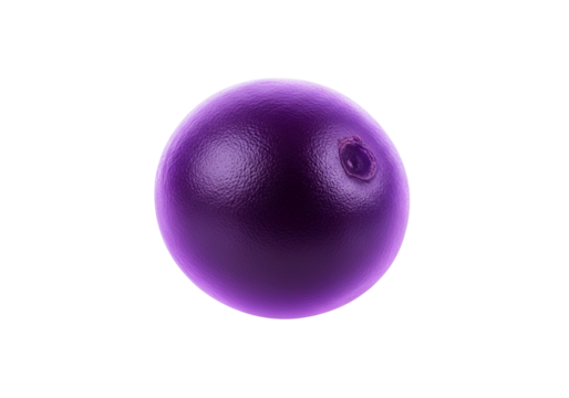 A detailed, glossy, purple sphere with a small indentation is displayed against a dark background.