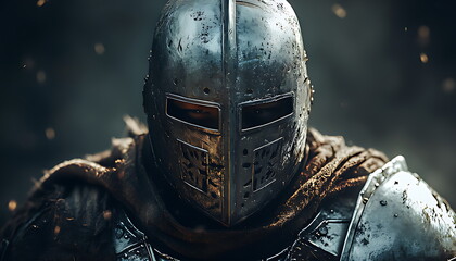 Fototapeta premium Close-up Portrait of Medieval Knight in Shining Armor, Stoic and Ready