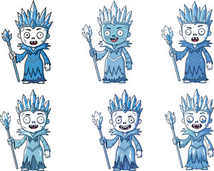 Cartoon zombie ice queen character set, frozen undead royal with crystal crown and staff, creepy horror expressions, cold fantasy monster vector illustration
