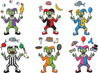 Cartoon zombie jester character set, creepy undead clown with colorful props, horror expressions, Halloween theme, playful monster vector illustration, comic style