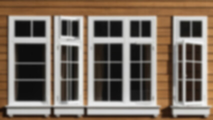 Fototapeta premium blurry image of interior of window made of wood, showing traditional art in modern construction, blur wallpaper.