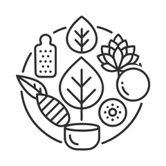 Outline icons representing natural ingredients and healthy food elements