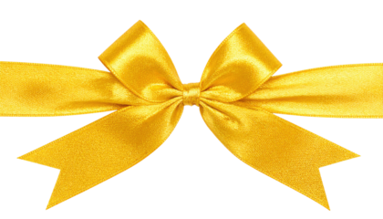 A vibrant yellow ribbon tied into a decorative bow, featuring smooth, shiny fabric and pointed ends.