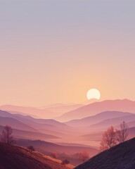 A stunning landscape depicting rolling hills bathed in soft hues of orange and pink during sunrise, evoking a sense of tranquility and natural beauty