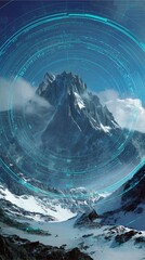 A stunning mountain landscape featuring a majestic peak surrounded by clouds and snow. The digital overlay creates a futuristic touch to this natural beauty.