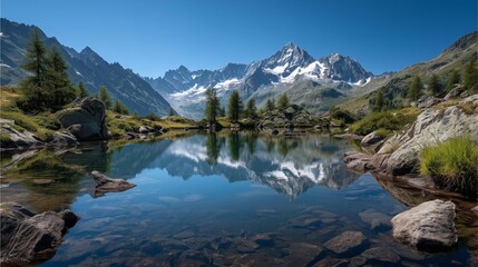 A stunning mountain landscape featuring a serene lake reflecting majestic peaks under a clear blue sky, surrounded by lush greenery and rocky terrain, perfect for nature lovers.