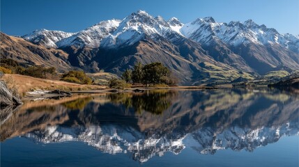A stunning mountain landscape with snow-capped peaks reflected in a serene lake, surrounded by lush greenery and clear blue skies. Perfect for nature lovers and travel enthusiasts.