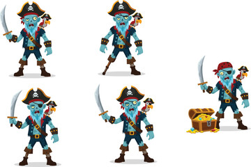 Zombie pirate cartoon character set, creepy undead buccaneers with swords, parrots, treasure chest, pirate hats, spooky Halloween vector illustration