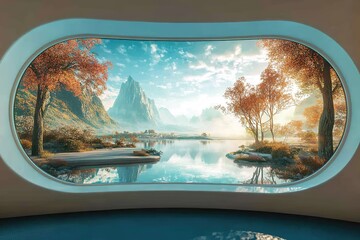 far future virtual reality immersion pod with holographic landscapes