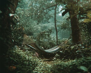 A tranquil hammock swaying gently in a lush green forest, surrounded by vibrant foliage. Perfect for relaxation and enjoying nature's beauty in a peaceful retreat.