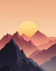 A stunning digital artwork depicting majestic mountains bathed in warm sunset hues, creating a tranquil atmosphere and inviting nature enthusiasts to explore its beauty.