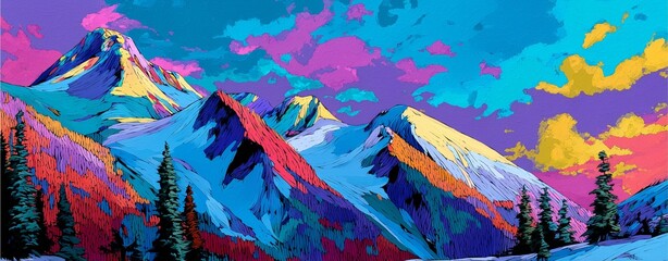 A vibrant and colorful depiction of snow-capped mountains, with a dynamic sky of pink, blue, and yellow hues. This artwork captures the beauty and serenity of nature's landscapes.