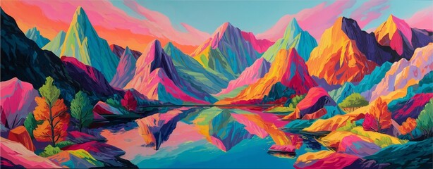 A vibrant and colorful landscape featuring majestic mountains, lush trees, and a reflective lake, showcasing the beauty of nature in an explosion of hues at sunset.