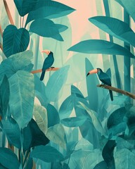 A vibrant illustration of tropical foliage with toucans perched on tree branches, showcasing a rich palette of greens and blues, evoking a sense of tranquility and nature's beauty.