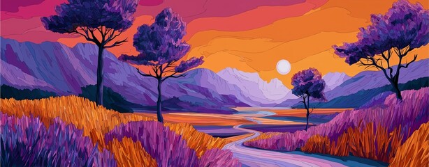 A vibrant landscape showcasing rolling hills, lush vegetation, and a mesmerizing sunset with hues of purple and orange. The peaceful scene invites relaxation and contemplation.