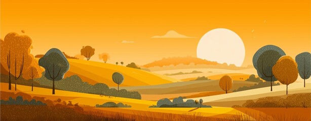 A vibrant sunset landscape featuring rolling hills and silhouetted trees, bathed in warm golden hues. This serene scenery captures the beauty of nature in a tranquil setting.