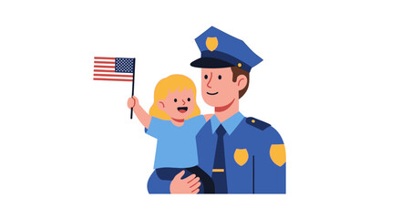 A smiling police officer in uniform holds a happy child waving a small American flag.