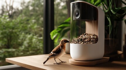 Smart bird feeder with camera and small bird indoors near window
