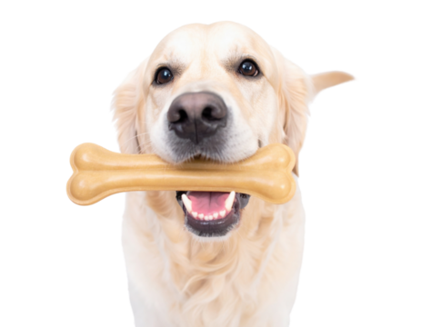A golden retriever happily holds a large bone in its mouth, showcasing a playful and friendly demeanor.