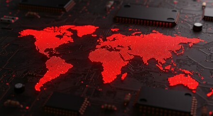 A world map rendered in red glowing dots on a dark circuit board, symbolizing global networks, technology, and connectivity.