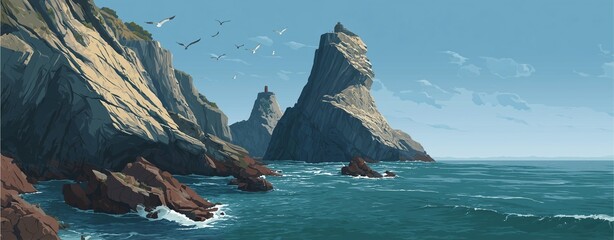 Stunning coastal cliffs rise majestically from the blue ocean waves, showcasing natural beauty and serene tranquility. Perfect for showcasing nature's artistry and wild landscapes.