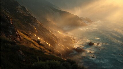 Beautiful coastal landscape at sunrise with golden light illuminating the cliffs and ocean waves, creating a peaceful and serene atmosphere for relaxation and inspiration.